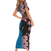 Personalised Aotearoa and Fiji Together Family Matching Short Sleeve Bodycon Dress and Hawaiian Shirt Melanesian Warrior and Koru - Taniko with Hibiscus Tapa Pattern LT03 - Polynesian Pride