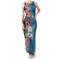 Personalised Aotearoa and Fiji Together Family Matching Tank Maxi Dress and Hawaiian Shirt Melanesian Warrior and Koru - Taniko with Hibiscus Tapa Pattern LT03 Mom's Dress Blue - Polynesian Pride