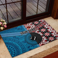 Personalised Aotearoa and Fiji Together Rubber Doormat Melanesian Warrior and Koru - Taniko with Hibiscus Tapa Pattern