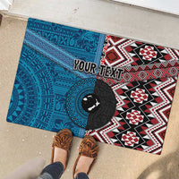 Personalised Aotearoa and Fiji Together Rubber Doormat Melanesian Warrior and Koru - Taniko with Hibiscus Tapa Pattern