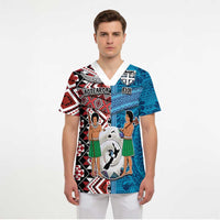 Personalised Aotearoa and Fiji Together Scrub Top Melanesian Warrior and Koru - Taniko with Hibiscus Tapa Pattern - Polynesian Pride