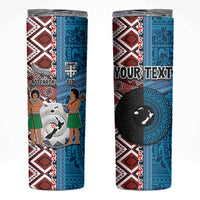 Personalised Aotearoa and Fiji Together Skinny Tumbler Melanesian Warrior and Koru - Taniko with Hibiscus Tapa Pattern