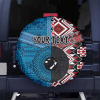 Personalised Aotearoa and Fiji Together Spare Tire Cover Melanesian Warrior and Koru - Taniko with Hibiscus Tapa Pattern LT03 No hole Blue - Polynesian Pride