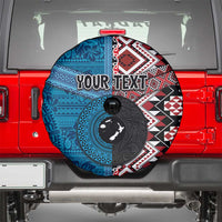 Personalised Aotearoa and Fiji Together Spare Tire Cover Melanesian Warrior and Koru - Taniko with Hibiscus Tapa Pattern LT03 - Polynesian Pride