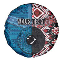 Personalised Aotearoa and Fiji Together Spare Tire Cover Melanesian Warrior and Koru - Taniko with Hibiscus Tapa Pattern LT03 - Polynesian Pride