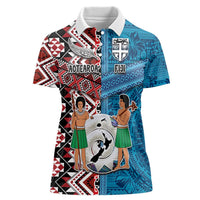 Personalised Aotearoa and Fiji Together Women Polo Shirt Melanesian Warrior and Koru - Taniko with Hibiscus Tapa Pattern LT03 Female Blue - Polynesian Pride