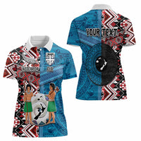 Personalised Aotearoa and Fiji Together Women Polo Shirt Melanesian Warrior and Koru - Taniko with Hibiscus Tapa Pattern LT03 - Polynesian Pride