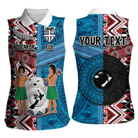 Personalised Aotearoa and Fiji Together Women Sleeveless Polo Shirt Melanesian Warrior and Koru - Taniko with Hibiscus Tapa Pattern LT03 - Polynesian Pride