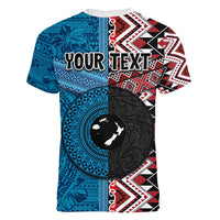 Personalised Aotearoa and Fiji Together Women V-Neck T-Shirt Melanesian Warrior and Koru - Taniko with Hibiscus Tapa Pattern