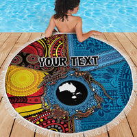 Personalised Australia and Fiji Together Beach Blanket Tribal Palm Tree with Tapa and Aboriginal Animals Half Style