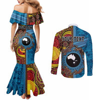 Personalised Australia and Fiji Together Couples Matching Mermaid Dress and Long Sleeve Button Shirt Tribal Palm Tree with Tapa and Aboriginal Animals Half Style LT03 - Polynesian Pride
