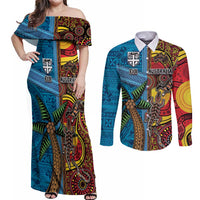 Personalised Australia and Fiji Together Couples Matching Off Shoulder Maxi Dress and Long Sleeve Button Shirt Tribal Palm Tree with Tapa and Aboriginal Animals Half Style LT03 Blue - Polynesian Pride