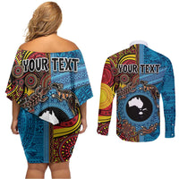 Personalised Australia and Fiji Together Couples Matching Off Shoulder Short Dress and Long Sleeve Button Shirt Tribal Palm Tree with Tapa and Aboriginal Animals Half Style LT03 - Polynesian Pride