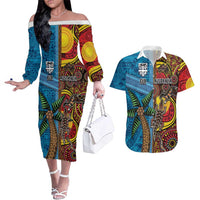 Personalised Australia and Fiji Together Couples Matching Off The Shoulder Long Sleeve Dress and Hawaiian Shirt Tribal Palm Tree with Tapa and Aboriginal Animals Half Style LT03 Blue - Polynesian Pride