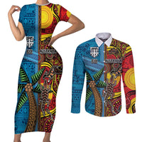 Personalised Australia and Fiji Together Couples Matching Short Sleeve Bodycon Dress and Long Sleeve Button Shirt Tribal Palm Tree with Tapa and Aboriginal Animals Half Style LT03 Blue - Polynesian Pride