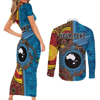 Personalised Australia and Fiji Together Couples Matching Short Sleeve Bodycon Dress and Long Sleeve Button Shirt Tribal Palm Tree with Tapa and Aboriginal Animals Half Style LT03 - Polynesian Pride