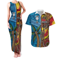 Personalised Australia and Fiji Together Couples Matching Tank Maxi Dress and Hawaiian Shirt Tribal Palm Tree with Tapa and Aboriginal Animals Half Style LT03 Blue - Polynesian Pride