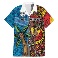 Personalised Australia and Fiji Together Family Matching Mermaid Dress and Hawaiian Shirt Tribal Palm Tree with Tapa and Aboriginal Animals Half Style LT03 Dad's Shirt - Short Sleeve Blue - Polynesian Pride