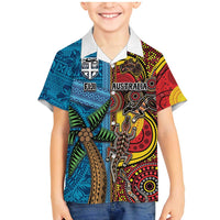 Personalised Australia and Fiji Together Family Matching Mermaid Dress and Hawaiian Shirt Tribal Palm Tree with Tapa and Aboriginal Animals Half Style LT03 Son's Shirt Blue - Polynesian Pride