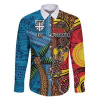 Personalised Australia and Fiji Together Family Matching Off The Shoulder Long Sleeve Dress and Hawaiian Shirt Tribal Palm Tree with Tapa and Aboriginal Animals Half Style LT03 Dad's Shirt - Long Sleeve Blue - Polynesian Pride