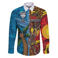 Personalised Australia and Fiji Together Family Matching Off Shoulder Maxi Dress and Hawaiian Shirt Tribal Palm Tree with Tapa and Aboriginal Animals Half Style LT03 Dad's Shirt - Long Sleeve Blue - Polynesian Pride