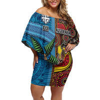Personalised Australia and Fiji Together Family Matching Off Shoulder Short Dress and Hawaiian Shirt Tribal Palm Tree with Tapa and Aboriginal Animals Half Style LT03 Mom's Dress Blue - Polynesian Pride