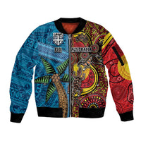 Personalised Australia and Fiji Together Sleeve Zip Bomber Jacket Tribal Palm Tree with Tapa and Aboriginal Animals Half Style