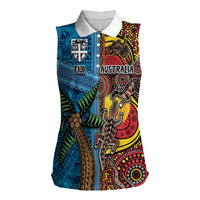 Personalised Australia and Fiji Together Women Sleeveless Polo Shirt Tribal Palm Tree with Tapa and Aboriginal Animals Half Style LT03 Female Blue - Polynesian Pride