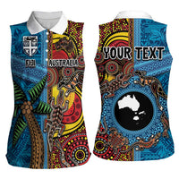 Personalised Australia and Fiji Together Women Sleeveless Polo Shirt Tribal Palm Tree with Tapa and Aboriginal Animals Half Style LT03 - Polynesian Pride