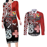Personalised Aotearoa and Tonga Together Couples Matching Long Sleeve Bodycon Dress and Long Sleeve Button Shirt Manaia and Tongan Tribal Cross - Taniko and Ngatu Art Tattoo