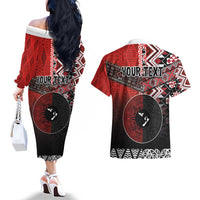 Personalised Aotearoa and Tonga Together Couples Matching Off The Shoulder Long Sleeve Dress and Hawaiian Shirt Manaia and Tongan Tribal Cross - Taniko and Ngatu Art Tattoo