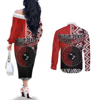 Personalised Aotearoa and Tonga Together Couples Matching Off The Shoulder Long Sleeve Dress and Long Sleeve Button Shirt Manaia and Tongan Tribal Cross - Taniko and Ngatu Art Tattoo