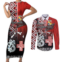Personalised Aotearoa and Tonga Together Couples Matching Short Sleeve Bodycon Dress and Long Sleeve Button Shirt Manaia and Tongan Tribal Cross - Taniko and Ngatu Art Tattoo
