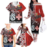 Personalised Aotearoa and Tonga Together Family Matching Off The Shoulder Long Sleeve Dress and Hawaiian Shirt Manaia and Tongan Tribal Cross - Taniko and Ngatu Art Tattoo