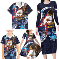 American Samoa Flag Day Family Matching Long Sleeve Bodycon Dress and Hawaiian Shirt Bald Eagle with Uatogi and Fue - Polynesian and Floral Tribal Tattoo LT03 - Polynesian Pride