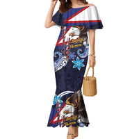 American Samoa Flag Day Family Matching Mermaid Dress and Hawaiian Shirt Bald Eagle with Uatogi and Fue - Polynesian and Floral Tribal Tattoo LT03 Mom's Dress Navy - Polynesian Pride