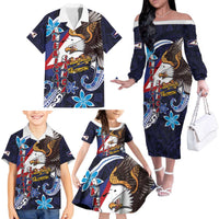 American Samoa Flag Day Family Matching Off The Shoulder Long Sleeve Dress and Hawaiian Shirt Bald Eagle with Uatogi and Fue - Polynesian and Floral Tribal Tattoo LT03 - Polynesian Pride
