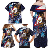 American Samoa Flag Day Family Matching Off Shoulder Maxi Dress and Hawaiian Shirt Bald Eagle with Uatogi and Fue - Polynesian and Floral Tribal Tattoo LT03 - Polynesian Pride