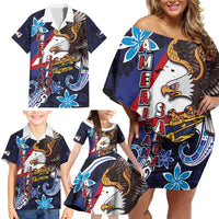 American Samoa Flag Day Family Matching Off Shoulder Short Dress and Hawaiian Shirt Bald Eagle with Uatogi and Fue - Polynesian and Floral Tribal Tattoo LT03 - Polynesian Pride
