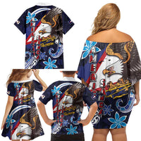 American Samoa Flag Day Family Matching Off Shoulder Short Dress and Hawaiian Shirt Bald Eagle with Uatogi and Fue - Polynesian and Floral Tribal Tattoo LT03 - Polynesian Pride