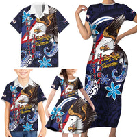 American Samoa Flag Day Family Matching Short Sleeve Bodycon Dress and Hawaiian Shirt Bald Eagle with Uatogi and Fue - Polynesian and Floral Tribal Tattoo LT03 - Polynesian Pride