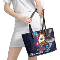 American Samoa Flag Day Leather Tote Bag Bald Eagle with Uatogi and Fue - Polynesian and Floral Tribal Tattoo