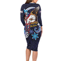 American Samoa Flag Day Long Sleeve Bodycon Dress Bald Eagle with Uatogi and Fue - Polynesian and Floral Tribal Tattoo LT03 - Polynesian Pride