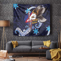 American Samoa Flag Day Tapestry Bald Eagle with Uatogi and Fue - Polynesian and Floral Tribal Tattoo LT03 Navy - Polynesian Pride