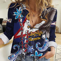 American Samoa Flag Day Women Casual Shirt Bald Eagle with Uatogi and Fue - Polynesian and Floral Tribal Tattoo