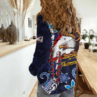 American Samoa Flag Day Women Casual Shirt Bald Eagle with Uatogi and Fue - Polynesian and Floral Tribal Tattoo