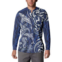 New Zealand Connecting with Seas Button Sweatshirt Maori Tribal and Sea Animals Tattoo - White Glass Style