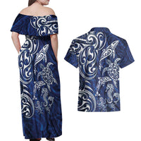 New Zealand Connecting with Seas Couples Matching Off Shoulder Maxi Dress and Hawaiian Shirt Maori Tribal and Sea Animals Tattoo - White Glass Style LT03 - Polynesian Pride
