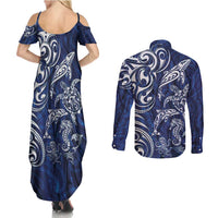 New Zealand Connecting with Seas Couples Matching Summer Maxi Dress and Long Sleeve Button Shirt Maori Tribal and Sea Animals Tattoo - White Glass Style LT03 - Polynesian Pride