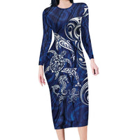 New Zealand Connecting with Seas Family Matching Long Sleeve Bodycon Dress and Hawaiian Shirt Maori Tribal and Sea Animals Tattoo - White Glass Style LT03 Mom's Dress Navy - Polynesian Pride